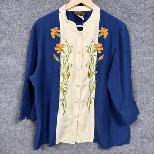 Bob Mackie Wearable Art Plus Size 1X Blouse Blue White Linen Blend Embroidered